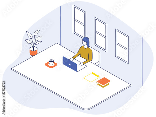 Isometric illustration of a person working on a laptop in a modern workspace