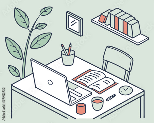 Isometric illustration of a workspace with laptop book and office supplies