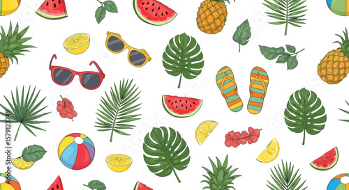 Summer themed pattern with fruits leaves sunglasses beach ball and flip flops.