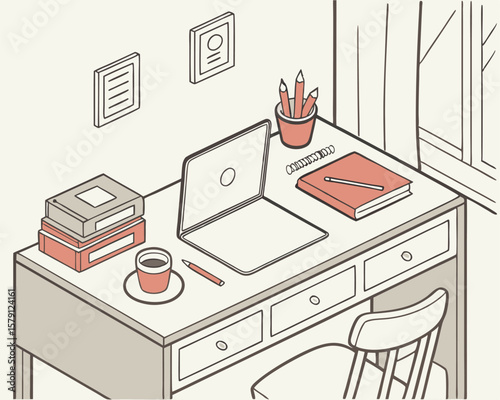 Isometric view of a cozy workspace with laptop coffee books and pencils