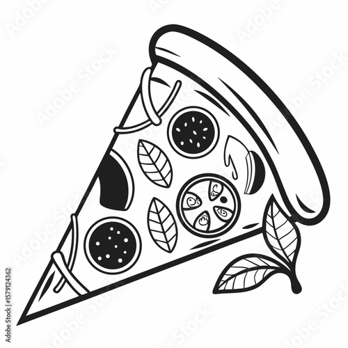 Black outline pizza slice with toppings on white