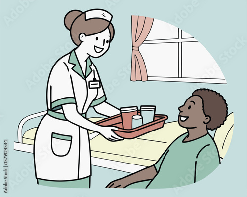 Kind nurse serving medication tray to patient in hospital room illustration