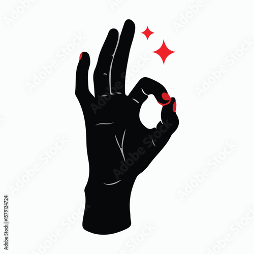 Red glove hand showing stop gesture with symbolic illustration style