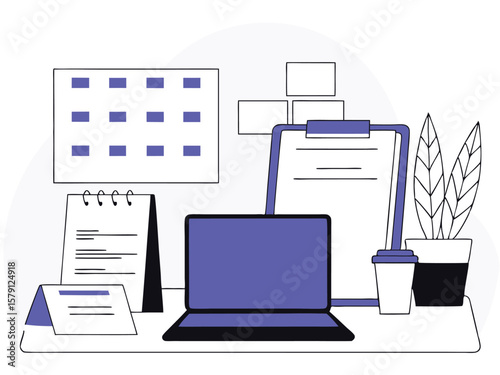 Modern workspace illustration with laptop calendar notepad and plant graphic design elements