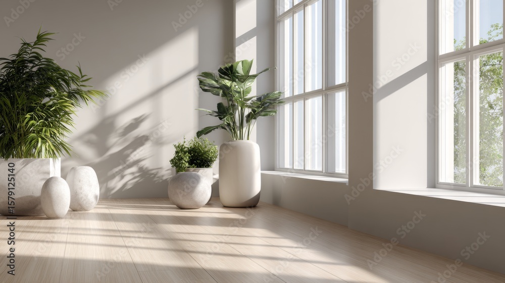 Fototapeta premium Minimalist interior light wooden floor potted plants large windows sunlight