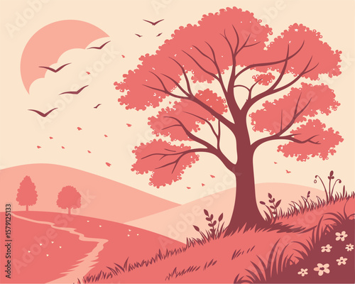 Serene landscape illustration featuring a majestic tree birds and calming pastel colors