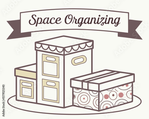 Space organizing illustration with storage boxes for home or office organization