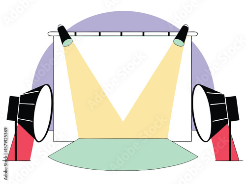 Stage design with projector lights and colorful geometric illustration style