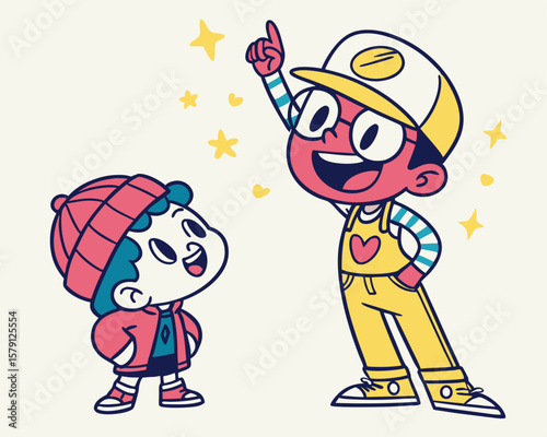 Two cheerful children pointing at stars cartoon illustration with transparent background