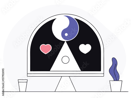 Yin yang balance concept symbolized on a computer screen with heart elements
