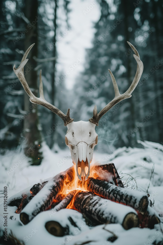 Obraz premium Deer skull with antlers on burning logs in snowy forest. Hunting trophy concept with wildlife bone and winter nature for adventure.
