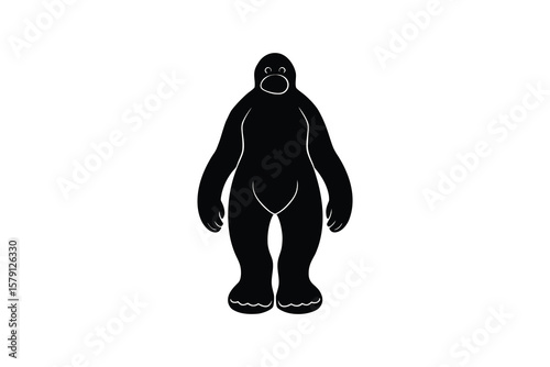 Cartoonish Bigfoot or Yeti Creature Standing Upright with Large Feet and a Round Face in a Black and White Silhouette Style silhouette black white