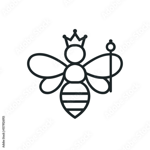 Outlined queen bee with crown and scepter showcases simple elegance ideal for natural honey branding, apiculture designs, and insect-themed projects.