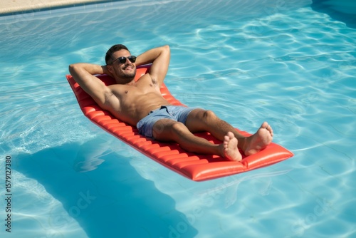 Man relaxing on a red float in a swimming pool under bright sunlight enjoying leisure time