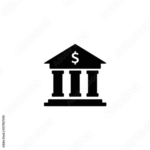 Simple Bank Icon: A minimalist silhouette of a classic bank building, rendered in solid black against a clean backdrop, symbolizing financial institutions and stability.