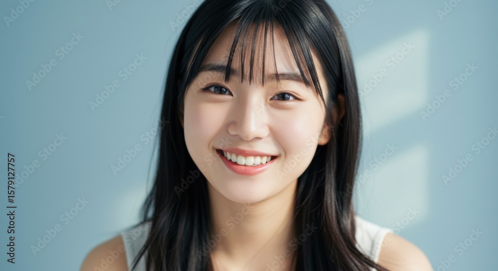 Smiling young woman with long dark hair poses against a light blue background in soft lighting. Smiling young woman with long dark hair poses against a light blue background in soft lighting.