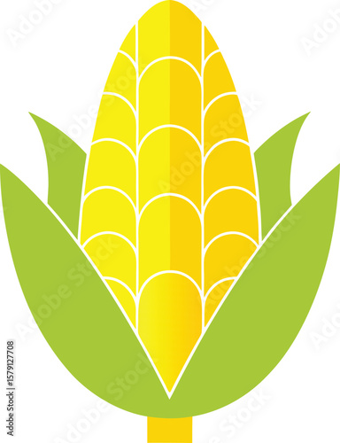 Fresh Yellow Corn Cob with Green Husk, Simple Flat Icon Design, Vector Illustration