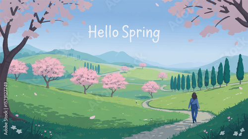 Blooming trees and rolling hills spring pink flowers