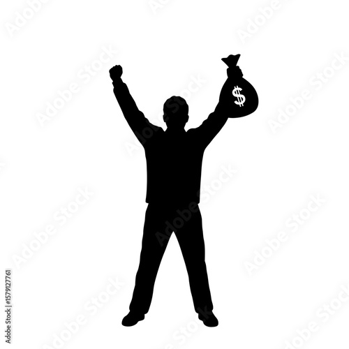 Silhouette of triumph: A stark, bold silhouette of an individual stands triumphant, their arm raised high in victory as they clutch a bag of money.
