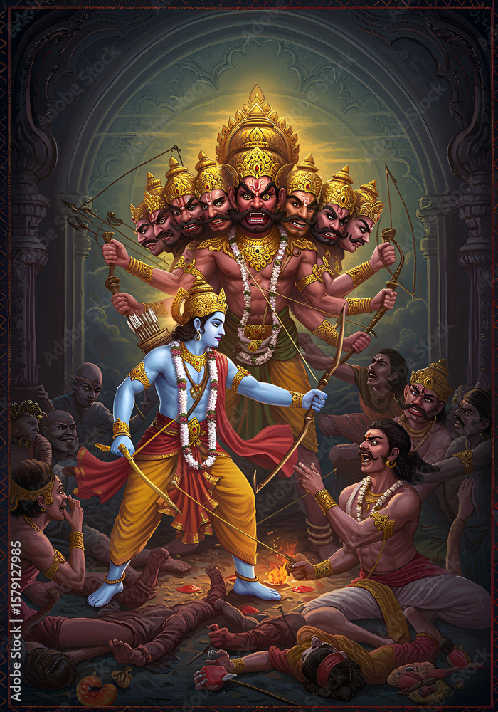 Fototapeta premium Epic Illustration of Lord Rama and Ravana's Battle in Ancient India