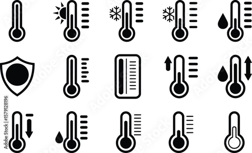Black Thermometer Icons Depicting Weather Conditions and Temperature Variations