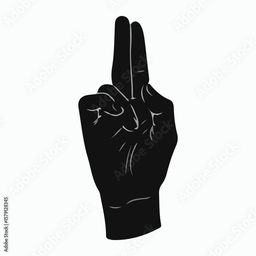 Peace hand gesture wearing blue glove on black background