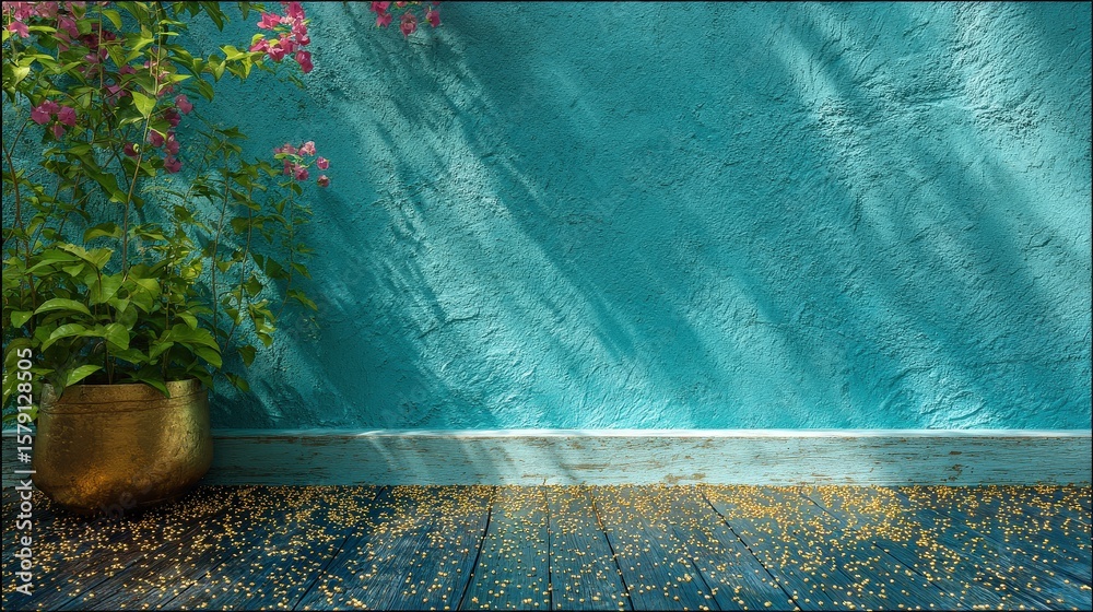 Naklejka premium A green leafy plant in a golden pot sits on a wooden floor with scattered petals, against a textured turquoise wall with light and shadow play.
