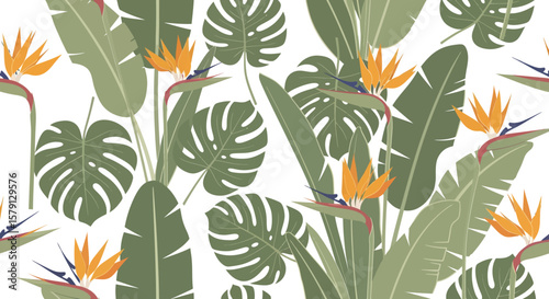 Tropical Foliage Pattern with Bird of Paradise Flowers and Monstera Leaves.
