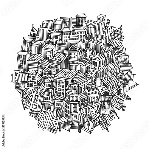 complex cityscape with detailed building outlines on black background