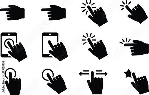 Black Hand Gestures and Touchscreen Icons on White Background