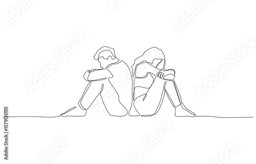 Continuous one line drawing of couples in depression sitting with their backs to each other, conflict and disconnection in a relationship concept, single line art 