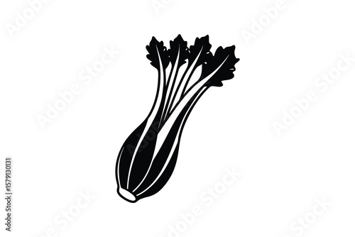 Striking Black and White Celery Stalk Illustration with Detailed Leaves and Crisp Lines Perfect for Food Blogs and Recipe Cards silhouette bold celery stalk