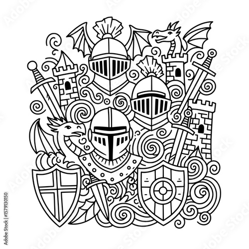 medieval knight helmets swords shields and dragons with castle towers