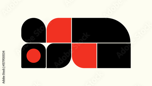 Geometric vector abstraction of modular shapes in red, black, and cream, arranged in a Bauhaus-inspired grid system for bold branding and modern editorial layouts