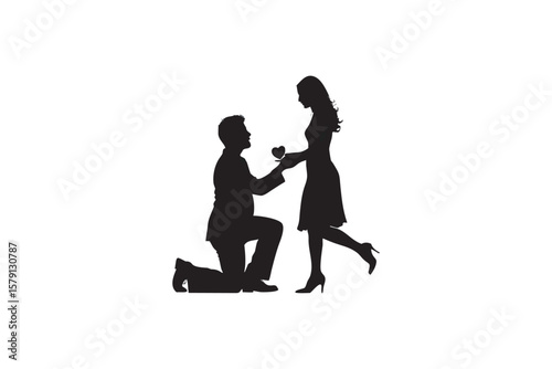 Romantic Silhouette of a Man Proposing to a Woman with a Heart Symbolizing Love Commitment and Engagement on a Clean White Background for Versatile Design