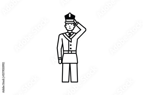 Formal Guard Saluting with Detailed Uniform and Hat in a Respectful Gesture Rendered in a Clean Line Art Style silhouette formal guard saluting depicted