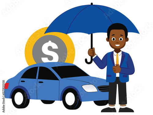 Car insurance agent with umbrella and dollar sign protection concept