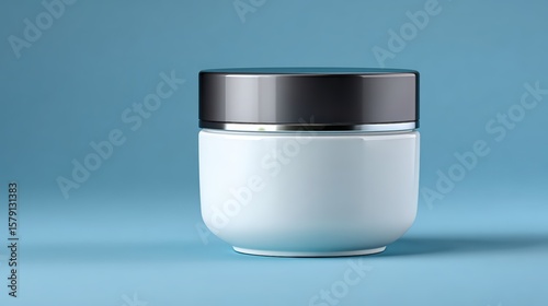 Farm to bottle olive oil visual, A white cosmetic jar with a black lid is placed against a soft blue background, showcasing a minimalist design for skincare or beauty products.