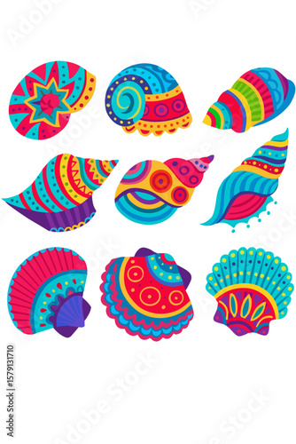 Colorful vector illustration of decorative seashells, bright ornamental marine elements for summer designs or children’s decor