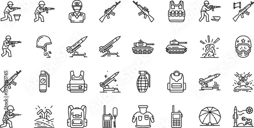 Military, war line icon set. Vector pictograms of soldier, weapon, defense equipment, tank, missiles, grenade, combat gear, battlefield thin linear