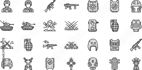 Military, war line icon set. Vector pictograms of soldier, weapon, defense equipment, tank, missiles, grenade, combat gear, battlefield thin linear