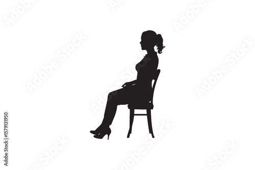 Silhouette of a woman sitting on a chair isolated on white background elegant pose side view ponytail hairstyle wearing high heels business attire waiting patiently