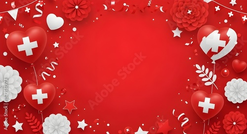 Swiss National Day Background with Red Balloons and Swiss Cross, Festive Flowers and Confetti
