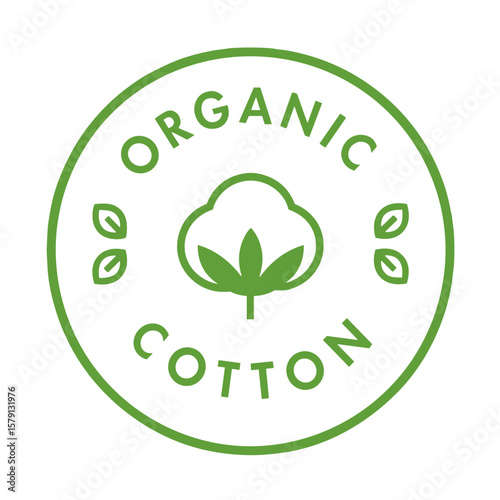 Green eco badge with cotton icon and text "Organic Cotton", minimalist emblem for sustainable textile branding and packaging