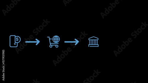 Linear icon illustration of digital payment and money transfer process. mobile payment to online purchase, bank processing, and ATM cash withdrawal concepts. 2d animation video with alpha channel