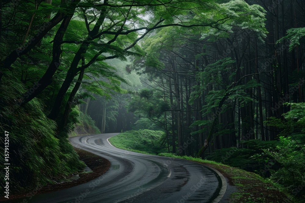 Fototapeta premium Wet asphalt road winding through a misty forest after the rain
