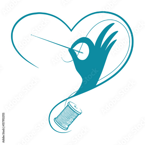 Minimalist blue illustration of a hand sewing with needle and thread forming a heart, symbol of love for craft and handmade for Sewing Day or Craft Day

