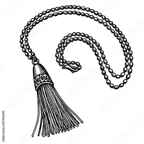 Decorative tassel pendant on a chain with beads in monochrome style  