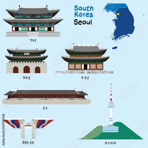 한국의 서울의 문화유적과 랜드마크를 그린 일러스트
