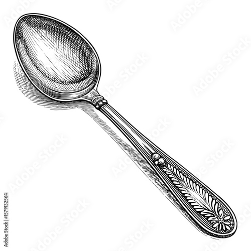 Vintage silver spoon with ornate handle design in detailed engraving  